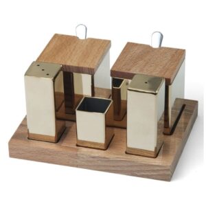 Biradlı GRV-48 Ahşap Standlı Kare Tuzluk Baharatlık Takımı, 5'li, Altın